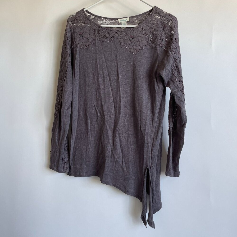 Sundance Womens Lace-Panel Asymmetrical Hem Long Sleeve Tunic Top Medium Gray